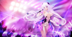 Rule 34 | 1girl, arm up, armpits, backlighting, bad id, bad pixiv id, bare shoulders, blurry, blush, bodystocking, breasts, breasts apart, chinese commentary, closed eyes, closed mouth, commentary request, covered navel, depth of field, elbow gloves, gloves, glowstick, hair between eyes, hair ornament, highres, holding, holding microphone, impossible clothes, large breasts, long hair, looking at viewer, low-tied long hair, microphone, photoshop (medium), purple eyes, reina (xipuria), skin tight, sky diver xipuria, smile, solo, stage lights, thigh gap, very long hair, white gloves, zhuore zhi hen