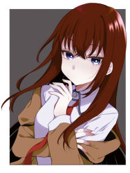 Rule 34 | 1girl, blue eyes, border, bright pupils, brown jacket, closed mouth, collared shirt, crossed bangs, hand on own arm, hand up, highres, jacket, long hair, makise kurisu, necktie, open clothes, open jacket, outside border, red hair, red necktie, sakuma (yr 0920), shirt, sidelocks, solo, steins;gate, upper body, white border, white pupils, white shirt