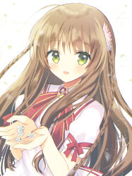 Rule 34 | 1girl, :d, absurdres, ahoge, aiyan, blush, braid, brown hair, colored eyelashes, commentary request, dress, eyelashes, eyes visible through hair, fingernails, floating hair, flower, green eyes, hair between eyes, hair ornament, highres, holding, holding flower, kanbe kotori, kazamatsuri institute high school uniform, light particles, long hair, looking at viewer, open hands, open mouth, own hands together, pink dress, puffy short sleeves, puffy sleeves, red ribbon, rewrite, ribbon, school uniform, short sleeves, sidelocks, simple background, smile, snowflake hair ornament, solo, twin braids, upper body, very long hair, wavy hair, white background, white flower