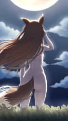 Rule 34 | 1girl, anarchojs, animal ears, ass, back, breasts, cloud, completely nude, from behind, full moon, highres, holo, medium breasts, moon, night, nude, sideboob, solo, spice and wolf, standing, tail, wheat, wheat field, wind, wolf ears, wolf girl, wolf tail