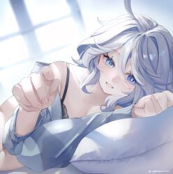 Rule 34 | 1girl, alternate costume, black bra, blue hair, bra, cardigan, clenched teeth, collarbone, dekitateomoti, drop-shaped pupils, fingernails, furina (genshin impact), genshin impact, grey cardigan, grey hair, heterochromia, highres, indoors, light blue hair, looking at viewer, lying, mismatched pupils, multicolored hair, off shoulder, on bed, on pillow, on side, pov, reaching, reaching towards viewer, solo, streaked hair, symbol-shaped pupils, teeth, underwear, upper body, wavy hair, window, window shadow