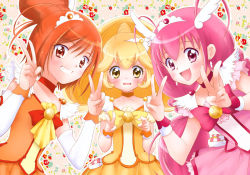 Rule 34 | 10s, 3girls, bad id, bad pixiv id, blonde hair, bow, bowtie, brooch, chiririn, choker, cure happy, cure peace, cure sunny, double v, dress, floral background, flower, grin, hair bun, hair flaps, head wings, hino akane (smile precure!), hoshizora miyuki, jewelry, kise yayoi, long hair, magical girl, multiple girls, orange dress, orange eyes, orange hair, orange skirt, pink bow, pink dress, pink eyes, pink hair, pink skirt, precure, short hair, shy, single hair bun, skirt, smile, smile precure!, tiara, twintails, v, wings, yellow bow, yellow dress, yellow eyes, yellow skirt