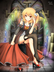 Rule 34 | 1girl, absurdres, alternate costume, asymmetrical legwear, black thighhighs, blonde hair, crossed legs, crystal, dress, female focus, flandre scarlet, full body, glowing, hand on own face, high heels, highres, hira (zlpabrams), indoors, mismatched legwear, nail polish, no headwear, no socks, red eyes, reflection, room, shoes, unworn shoes, short hair, side ponytail, single shoe, single thighhigh, sitting, smile, solo, stained glass, thigh strap, thighhighs, torn clothes, torn thighhighs, touhou, wings
