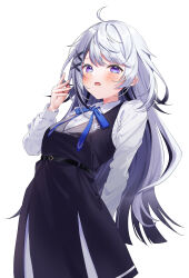 Rule 34 | 1girl, absurdres, ahoge, apron, black apron, blush, breasts, hair ornament, hand up, highres, large breasts, long hair, looking at viewer, open mouth, pome charo, purple eyes, simple background, solo, square pupils, tearing up, uniform, variant set, virtual youtuber, white background, white hair, x hair ornament, yawning