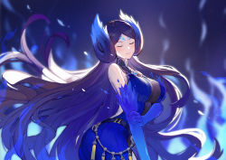 Rule 34 | 1girl, absurdres, bare shoulders, belt, blue background, blue dress, blue fire, blue gloves, blue hair, blush, breasts, brighid (xenoblade), cleavage, closed eyes, closed mouth, cowboy shot, dress, elbow gloves, facial mark, facing viewer, fire, forehead mark, from side, gloves, gradient hair, hand on own arm, highres, huge filesize, large breasts, long hair, mo xiaoxue, multicolored hair, nintendo, parted bangs, purple hair, smile, solo, very long hair, xenoblade chronicles (series), xenoblade chronicles 2