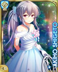Rule 34 | 1girl, anniversary, bare shoulders, bow, breasts, card (medium), character name, closed mouth, dress, female focus, girlfriend (kari), grey hair, long hair, night, official art, outdoors, ponytail, qp:flapper, shigeto akiho, smile, standing, tagme, translucent bow, tree, white dress