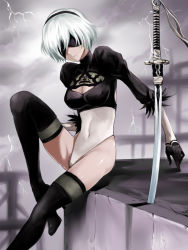 Rule 34 | 1girl, blindfold, breasts, cleavage, cleavage cutout, clothing cutout, covered navel, covered erect nipples, fengya, groin, katana, leotard, lightning, mole, mole under mouth, nier (series), nier:automata, planted sword, planted, short hair, skindentation, solo, sword, thighhighs, thighs, weapon, white background, 2b (nier:automata)