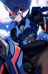 Rule 34 | 1girl, absurdres, arcee, blue eyes, blue sky, breasts, highres, humanoid robot, knnw a, looking at viewer, mechanical wings, medium breasts, robot, science fiction, sitting, sky, solo, thighs, transformers, transformers prime, wings