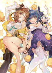 Rule 34 | 2girls, :3, animal ears, aqua eyes, aqua hair, atelier (series), atelier ryza, azur lane, barefoot, black hair, blue nails, blush, boots, braid, breasts, brown eyes, brown footwear, brown gloves, brown hair, cat ears, cheshire (azur lane), cleavage, detached sleeves, dress, fake animal ears, fingerless gloves, frilled dress, frills, gloves, highres, holding hands, jacket, large breasts, looking at viewer, maid, maid headdress, manjuu (azur lane), multiple girls, open mouth, panties, purple dress, reisalin stout, short hair, side slit, single boot, smile, thigh strap, thighhighs, toes, underwear, white panties, white thighhighs, yellow jacket, zuizi