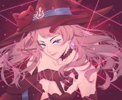 Rule 34 | 1girl, animal, animal on head, black clover, breasts, cat, cat on head, choker, cleavage, dalisnyan, earrings, hat, jewelry, large breasts, long hair, looking at viewer, magenta background, on head, pink hair, purple eyes, thread, vanessa enoteca, watermark, witch, witch hat