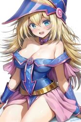 Rule 34 | 1girl, bare shoulders, blonde hair, blue dress, blue eyes, blue hat, blush, blush stickers, breasts, cleavage, collarbone, dark magician girl, dress, duel monster, green eyes, groin, hair between eyes, hat, highres, large breasts, long hair, looking at viewer, off shoulder, open mouth, pentagram, shiny skin, simple background, smile, solo, staryume, tongue, v, white background, witch hat, yu-gi-oh!