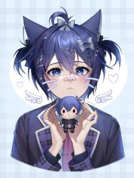 Rule 34 | 1boy, absurdres, animal ears, bandaid, blue background, blue eyes, blue hair, blue heart, blue nails, blush, bow, cat boy, cat ears, commentary, cross, crying, crying with eyes open, detached wings, drawn whiskers, dreamxiety, earrings, english commentary, hair between eyes, hair bow, hair ornament, hair up, hairpin, hands up, heart, heart-shaped pupils, highres, jewelry, kaito (vocaloid), looking at viewer, male focus, necktie, pixiv username, plaid, project sekai, short twintails, simple background, single earring, star (symbol), stuffed toy, sweatdrop, symbol-shaped pupils, tears, twintails, uniform, upper body, vocaloid, wings