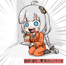 Rule 34 | 1girl, ahoge, blue eyes, blush stickers, braid, cake, chibi, commentary, eating, emphasis lines, food, grey hair, hair ornament, holding, holding cake, holding food, holding plate, in cell, jumpsuit, kizuna akari, logo, long hair, looking at viewer, open mouth, orange jumpsuit, plate, sakana (syake), scp-871, scp foundation, seiza, sitting, smile, solo, translated, twin braids, very long hair, vocaloid, voiceroid, wide-eyed