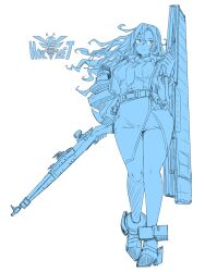 Rule 34 | 1girl, belt, blue theme, bomber jacket, breasts, character name, closed mouth, full body, gun, highres, holding, holding gun, holding weapon, hornet (kancolle), jacket, kantai collection, large breasts, long hair, monochrome, neck, necktie, open clothes, open jacket, oso (toolate), pencil skirt, rigging, shirt, simple background, sketch, skirt, solo, wasp, weapon, weapon case