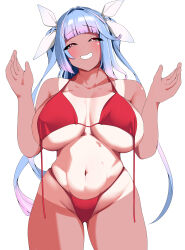 Rule 34 | 1girl, absurdres, bikini, blue hair, breasts, curvy, grin, hands up, hauto-san, highres, huge breasts, i-19 (kancolle), kantai collection, large breasts, long hair, looking at viewer, one-piece tan, red bikini, red eyes, smile, solo, star-shaped pupils, star (symbol), swimsuit, symbol-shaped pupils, tan, tanline, tri tails, undone bikini, wide hips