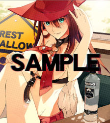 Rule 34 | 1girl, alcohol, aqua eyes, arc system works, bare shoulders, bottle, breasts, brown hair, cosplay, english text, engrish text, guilty gear, hat, i-no, i-no (cosplay), large breasts, long hair, navel, ranguage, red hat, rei (pixiv 187780), sample watermark, sideboob, solo, watermark