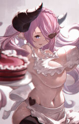 Rule 34 | 1girl, absurdres, apron, breasts, cake, cleavage cutout, clothing cutout, covered erect nipples, draph, food, granblue fantasy, highres, huge breasts, naked apron, narmaya (granblue fantasy), narmaya (valentine) (granblue fantasy), navel, purple hair, solo, yu pian