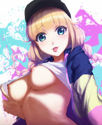 Rule 34 | 1girl, artist request, baseball cap, blonde hair, blue eyes, breasts, clothes lift, hat, highres, lifting own clothes, long hair, looking at viewer, medium breasts, nipples, paripi koumei, shirt lift, solo, tongue, tongue out, tsukimi eiko