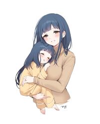 Rule 34 | 2girls, blunt bangs, blush, breasts, brown shirt, carrying, child, child carry, commentary, cropped torso, drooling, highres, jewelry, kitakami reika, kitakami reika&#039;s mother, large breasts, long hair, looking at viewer, mole, mole under eye, mother and daughter, mouth drool, multiple girls, nys, pants, ring, shirt, signature, simple background, sleeping, smile, very long hair, wedding ring, white background, yellow pants, yellow shirt