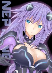 Rule 34 | 10s, 1girl, alternate breast size, blue eyes, blush, braid, breasts, character name, cleavage, cleavage cutout, clothing cutout, female focus, hair ornament, huge breasts, large breasts, long hair, neptune (neptunia), neptune (series), parted lips, purple hair, purple heart (neptunia), solo, symbol-shaped pupils, twin braids, upper body, very long hair, ysnonnon, ysnonnon (yuu)