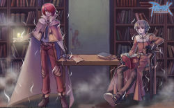 Rule 34 | 2boys, acolyte (ragnarok online), belt, belt buckle, bio lab, blood, blood on paper, blood splatter, blue shirt, book, bookshelf, boya, brown belt, brown capelet, brown footwear, brown gloves, brown hair, brown pants, buckle, cape, capelet, cassock, chair, closed mouth, copyright name, copyright notice, errende ebecee, full body, gloves, hair over one eye, hand on table, holding, holding book, holding staff, laurell weinder, library, long sleeves, looking at viewer, mage (ragnarok online), magic, male focus, multiple boys, official art, outline, pants, paper, ragnarok online, red eyes, red hair, shirt, shoes, short hair, sitting, staff, standing, third-party source, white cape, white outline