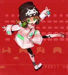 Rule 34 | 1girl, amiami, beanie, boots, female focus, green eyes, hat, headphones, jacket, open mouth, solo, space invaders