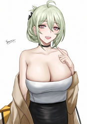 Rule 34 | 1girl, bare shoulders, black choker, black skirt, blush, breasts, brown coat, chinese commentary, choker, cleavage, coat, collarbone, commentary request, de lacey (neural cloud), girls&#039; frontline, girls&#039; frontline neural cloud, grey hair, hair between eyes, hair ornament, highres, large breasts, long sleeves, looking at viewer, parted lips, selcky, shirt tucked in, signature, skirt, smile, solo