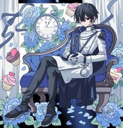 Rule 34 | 1boy, bad id, bad twitter id, black eyes, black footwear, black hair, black pants, blue flower, blue ribbon, blue rose, clock, closed mouth, compass, couch, crossed legs, cupcake, curtains, flower, food, full body, gloves, hair between eyes, highres, interlocked fingers, jacket, long sleeves, looking at viewer, male focus, meremero, on couch, original, own hands together, pants, ribbon, rose, shoes, short hair, sitting, solo, white gloves, white jacket