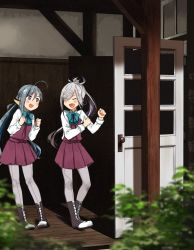 Rule 34 | 2girls, :d, ^ ^, ahoge, annin musou, aqua bow, aqua bowtie, asashimo (kancolle), blush, boots, bow, bowtie, clenched hand, clenched hands, closed eyes, commentary request, cross-laced footwear, door, dress, fang, grey eyes, grey hair, grey legwear, hair over one eye, highres, kantai collection, kiyoshimo (kancolle), long hair, long sleeves, low twintails, multiple girls, open mouth, outdoors, pantyhose, purple dress, shirt, sleeveless, sleeveless dress, smile, twintails, white shirt