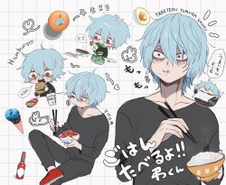 Rule 34 | 1boy, ametaro (ixxxzu), avocado, black pants, black shirt, blue hair, boku no hero academia, bottle, bowl, burger, character name, chopsticks, closed mouth, collarbone, cup, eating, food, french fries, fruit, grid background, hair between eyes, holding, holding bowl, holding chopsticks, ice cream, ice cream cone, korean text, long sleeves, male focus, mcdonald&#039;s, multiple views, open mouth, orange (fruit), pants, red eyes, red footwear, rice bowl, romaji text, salad, scar, scar across eye, scar on face, shigaraki tomura, shirt, shoes, short hair, simple background, sitting, sparkle, speech bubble, star (symbol), translation request, white background