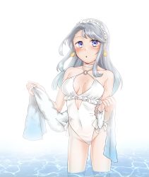 Rule 34 | 1girl, absurdres, asymmetrical bangs, casual one-piece swimsuit, commentary request, flower, frilled swimsuit, frills, furaggu (frag 0416), grey hair, hair flower, hair ornament, hairband, highleg, highleg swimsuit, highres, kantai collection, long hair, looking at viewer, official alternate costume, one-piece swimsuit, purple eyes, sagiri (kancolle), shawl, side-tie swimsuit, simple background, soaking feet, solo, standing, swept bangs, swimsuit, water, white background, white one-piece swimsuit, white shawl