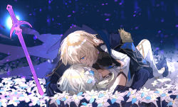 Rule 34 | 1boy, 1girl, armor, bare shoulders, blonde hair, blue cape, blue eyes, boy on top, breasts, cape, cleavage, dainsleif (genshin impact), dress, face-to-face, field, flower, flower field, genshin impact, hair flower, hair ornament, hair over one eye, hand in own hair, high heels, highres, j4ggpfjy6n7cdym, lumine (genshin impact), lying, on back, open mouth, sword, thighhighs, vambraces, weapon, white dress, white thighhighs