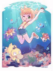 Rule 34 | 1girl, :p, air bubble, algae, arm behind head, arm up, blonde hair, blue shorts, border, bubble, commentary, coral, creatures (company), crop top, freediving, game freak, gen 1 pokemon, green eyes, highres, holding, holding poke ball, horsea, krabby, light rays, magikarp, midriff, misty (pokemon), nintendo, one eye closed, poke ball, poke ball (basic), pokemon, pokemon (anime), pokemon (classic anime), pokemon (creature), psyduck, red footwear, sarah dandh, shellder, shirt, shoes, short hair, short shorts, shorts, side ponytail, signature, sneakers, starmie, suspender shorts, suspenders, swimming, symbol-only commentary, tank top, tentacool, tongue, tongue out, underwater, white border, yellow shirt