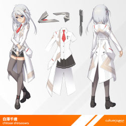 Rule 34 | 1girl, artist request, black thighhighs, blue eyes, character name, character sheet, copyright name, culture japan, hair ornament, long hair, necktie, official art, pinakes, school uniform, shirasawa chitose, shoes, silver hair, skirt, solo, thighhighs
