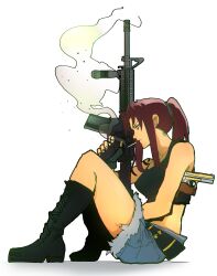 Rule 34 | 1girl, absurdres, assault rifle, bare arms, bare shoulders, belt, between legs, black belt, black footwear, black lagoon, black tank top, boots, brown eyes, brown hair, cigarette, closed mouth, combat boots, cutoffs, denim, denim shorts, fingerless gloves, fingernails, from side, gloves, gun, hand between legs, handgun, high heel boots, high heels, highres, holster, holstered, isaacchief300, knee boots, knees up, long hair, looking ahead, magazine (weapon), on floor, parted hair, ponytail, profile, revy (black lagoon), rifle, shoelaces, shorts, shoulder holster, shoulder tattoo, sidelocks, simple background, sitting, smoke, smoking, solo, tank top, tattoo, thighs, tribal tattoo, weapon, weapon request