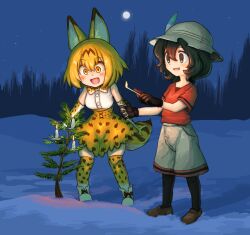 Rule 34 | 2girls, :d, animal ears, black eyes, black gloves, black hair, blush, bow, bowtie, brown footwear, candle, forest, full-face blush, full body, gloves, grey headwear, grey shorts, hat feather, helmet, jazonyan, kaban (kemono friends), kemono friends, looking at viewer, matches, multiple girls, nature, night, open mouth, orange bow, orange bowtie, orange eyes, orange hair, outdoors, pith helmet, print bow, print bowtie, print gloves, print skirt, red shirt, serval (kemono friends), serval print, shirt, short hair, short sleeves, shorts, skirt, sky, smile, snow, standing, star (sky), starry sky, tree, white footwear