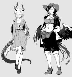 Rule 34 | 2girls, ankle boots, bag, bag charm, boots, charm (object), closed mouth, cowboy hat, crop top, dragon girl, flat chest, greyscale, grin, hands in pockets, hat, high heel boots, high heels, highres, horns, kicchou yachie, kneehighs, kurokoma saki, loafers, long sleeves, low wings, monochrome, multiple girls, pants, pants rolled up, photoshop (medium), risui (suzu rks), sailor collar, school bag, school uniform, shoes, sleeves rolled up, smile, socks, tail, touhou, turtle shell, wings
