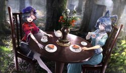 Rule 34 | 2girls, black hair, black skirt, blouse, blue dress, blue eyes, blue hair, cabbie hat, chair, cup, dress, flower, food, fork, frilled skirt, frills, grass, graveyard, hair ornament, hair rings, hair stick, hat, highres, holding, holding cup, kaku seiga, long dress, looking at viewer, miyako yoshika, multiple girls, neck ribbon, open mouth, outdoors, outstretched arms, pale skin, petals, pie, plant, plate, puffy short sleeves, puffy sleeves, purple eyes, ribbon, ryosios, saucer, shirt, short hair, short sleeves, sitting, skirt, skull, smile, star (symbol), table, tea, teacup, teapot, tombstone, touhou, tree, vase, vest