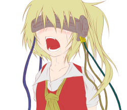 1girl bacho blonde_hair blush face female_focus flandre_scarlet hypnosis mind_control open_mouth parody saliva side_ponytail solo tears teeth touhou visor