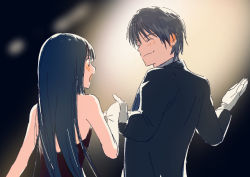 Rule 34 | 1boy, 1girl, bare shoulders, black dress, black eyes, black hair, blue hair, blurry, blurry background, blush, closed mouth, copyright request, dancing, dress, ears visible through hair, closed eyes, formal, gloves, holding, holding hands, kakeami, long hair, looking at another, off shoulder, open mouth, sketch, smile, suit, white gloves