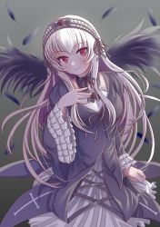 Rule 34 | 1girl, black dress, black feathers, black wings, detached collar, doll, dress, feathered wings, feathers, gothic lolita, headband, highres, lolita fashion, long hair, looking at viewer, red eyes, rozen maiden, silver hair, suigintou, wings