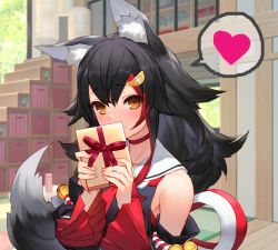 Rule 34 | 1girl, animal ears, bare shoulders, bell, black hair, blush, box, chocolate, choker, covering own mouth, detached sleeves, fox ears, fox tail, gift, holding, holding gift, hololive, izumi sai, long hair, looking at viewer, multicolored hair, ookami mio, orange eyes, outdoors, red hair, smile, solo, streaked hair, tail, valentine, virtual youtuber, wide sleeves, wolf ears, wolf girl, wolf tail