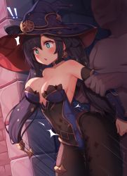 Rule 34 | !, !!, 1boy, 1girl, :d, aqua eyes, arm grab, bare shoulders, black choker, black legwear, blush, bouncing breasts, breasts, choker, cleavage, collarbone, covered navel, detached sleeves, empty eyes, faceless, faceless male, genshin impact, hat, highres, implied sex, isinose (ilxodidli), large breasts, long hair, mona (genshin impact), no pupils, open mouth, shiny skin, smile, speed lines, stone wall, surprised, teeth, twintails, two-sided fabric, two-sided headwear, upper teeth only, wall, witch hat