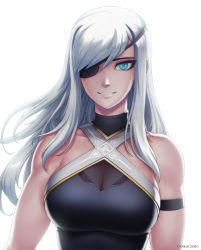 Rule 34 | 1girl, artist name, bare shoulders, blue eyes, breasts, commentary, english commentary, eyepatch, genkai zero, large breasts, long hair, looking at viewer, original, parted lips, scar, scar on face, see-through, simple background, sleeveless, smile, solo, teeth, upper body, valestina (genkai zero), watermark, white background, white hair