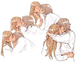 Rule 34 | 2girls, arms around neck, black choker, blonde hair, blush, choker, closed eyes, commentary, dungeon meshi, elf, english commentary, falin touden, falin touden (tallman), grey hair, hand on another&#039;s waist, highres, kiss, lesly oh, long sleeves, looking at another, marcille donato, medium hair, multiple girls, pointy ears, shirt, simple background, white background, white shirt, yuri