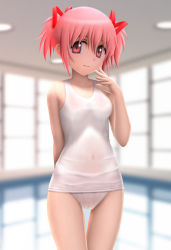 Rule 34 | 10s, 1girl, arm behind back, blush, breasts, covered navel, hair between eyes, hair ribbon, highres, kaname madoka, looking at viewer, mahou shoujo madoka magica, mahou shoujo madoka magica (anime), one-piece swimsuit, pink eyes, pink hair, pool, ribbon, school swimsuit, see-through, short hair, short twintails, siraha, small breasts, smile, solo, swimsuit, thigh gap, twintails, upper body, water, white one-piece swimsuit, white school swimsuit