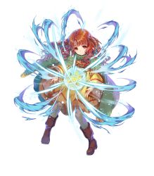 Rule 34 | 1girl, boots, bow, cape, child, curly hair, dress, fire emblem, fire emblem: radiant dawn, fire emblem heroes, full body, hair ornament, highres, long hair, magic, miwabe sakura, nintendo, official art, orange hair, red eyes, solo, sparkle, transparent background, yune (fire emblem)