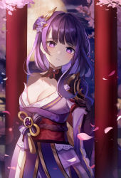 Rule 34 | 1girl, absurdres, bad id, bad pixiv id, braid, breasts, cleavage, full moon, genshin impact, hair ornament, highres, japanese clothes, kimono, kyo (maae00), large breasts, long hair, long sleeves, looking at viewer, low-braided long hair, low-tied long hair, mole, mole under eye, moon, night, night sky, obi, off shoulder, parted lips, petals, purple eyes, purple hair, purple kimono, raiden shogun, sash, shrug (clothing), sky, solo, torii, very long hair, wide sleeves