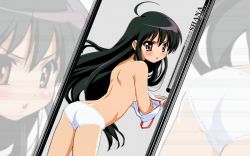 Rule 34 | 00s, 1girl, ahoge, arched back, ass, back, black hair, blush, butt crack, camisole, camisole lift, clothes lift, copyright name, cowboy shot, female focus, from side, grey background, highres, legs apart, long hair, panties, shakugan no shana, shana, simple background, solo, standing, topless, underwear, v-shaped eyebrows, very long hair, wallpaper, zoom layer