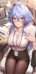 Rule 34 | 1girl, ahoge, alternate breast size, alternate costume, black skirt, blouse, blue hair, blurry, breasts, brown pantyhose, button gap, chair, cleavage, collared shirt, computer, contemporary, depth of field, dress shirt, ganyu (genshin impact), genshin impact, goat horns, hair between eyes, highres, horns, id card, lanyard, laptop, large breasts, long hair, long sleeves, looking at viewer, miniskirt, office chair, office lady, pantyhose, parted lips, pencil skirt, pillo, purple eyes, shirt, shirt tucked in, sitting, skirt, solo, swivel chair, white shirt